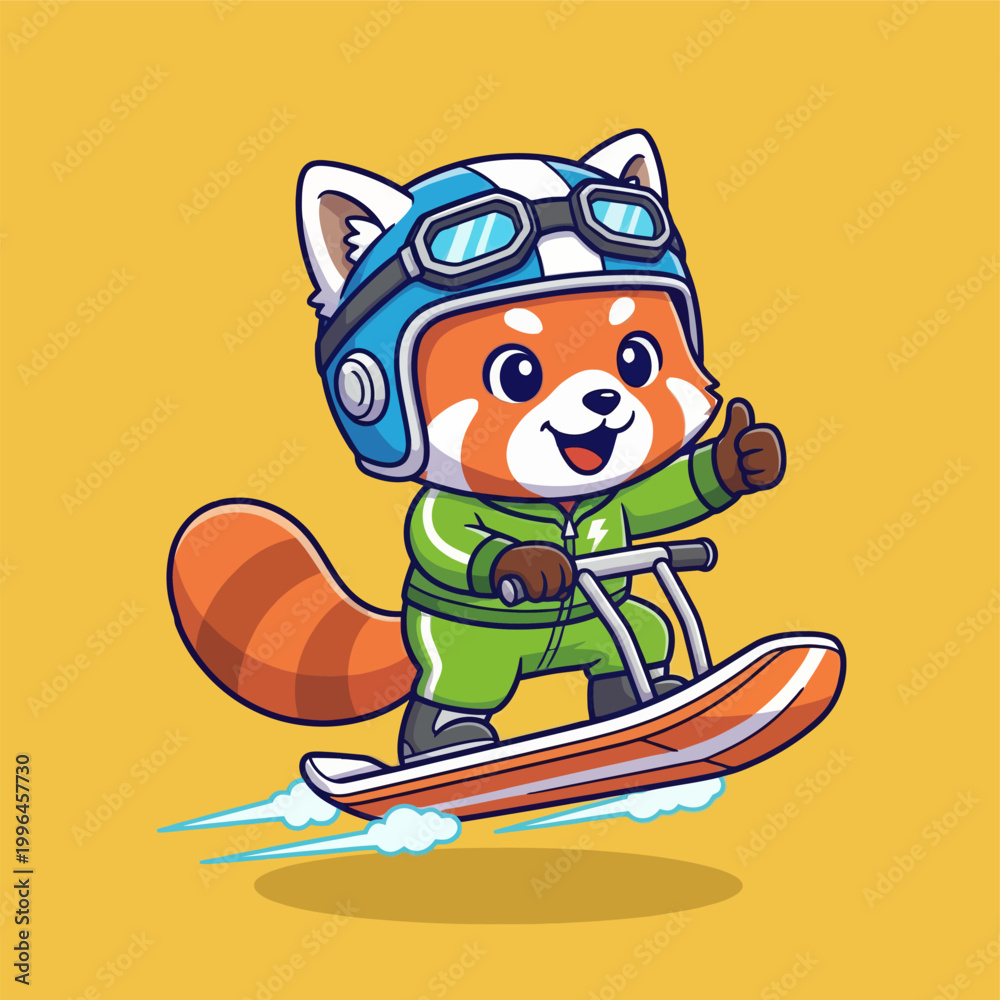 Naklejka premium Cute Red Panda Snowboarding with Thumbs Up.