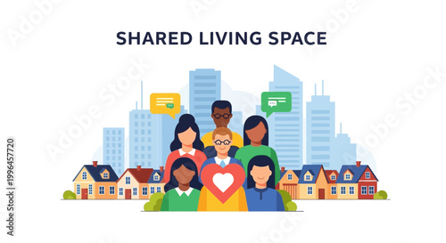 Diverse people in shared living space, community, urban housing, togetherness, urban lifestyle