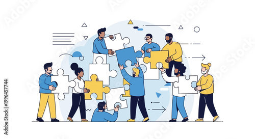 Teamwork puzzle concept, diverse people assembling jigsaw pieces together