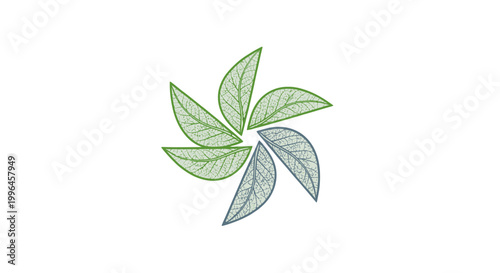 A stylized illustration of leaves in green and blue hues on a white background.