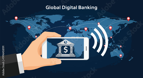Stylized smartphone displaying bank icon over a world map with connection lines, ideal for global finance, online banking and mobile payment promotion.