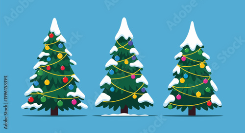 Three decorated Christmas trees with snow and baubles on a blue background, ideal for holiday greetings, winter promotions and seasonal decorations.