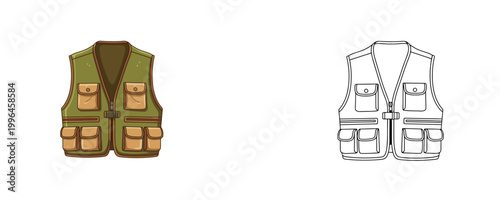 Obraz na plátne Fishing vest in flat colored and black line styles green and tan colors for carr