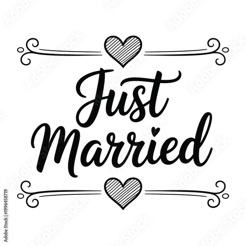 just married text with decorative hearts and swirls