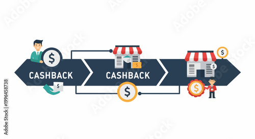 Vibrant cashback concept with dollar signs and store illustrations on arrows, concept for reward programs, consumer finance, and retail promotions.