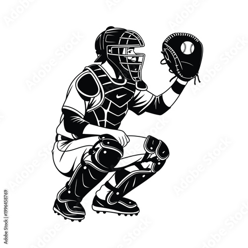baseball catcher in black and white illustration