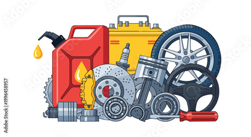 Vibrant illustration of car parts including gas can, battery, wheel, piston, and steering wheel, concept for automotive repair, vehicle maintenance, and car service advertising.
