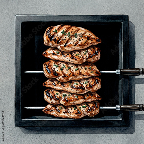 Sketch-style top view, meat chops with seasonings and grill marks on a black tray, food concept for meat products and lifestyle culinary content, copy space