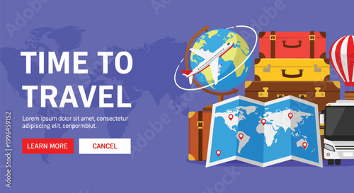 Vibrant travel-themed composition with globe, airplane, map, suitcases, and bus on a blue background, perfect for travel brochures, tourism websites, and vacation promotions.