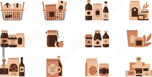 Zero Waste Grocery Vector Set with Eco Friendly Packaging Glass Jars Paper Bags Organic Products and Sustainable Shopping Elements for Design