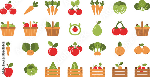 Fresh Fruits and Vegetables Vector Set with Organic Produce Baskets Crates Apples Carrots Tomatoes and Healthy Food Elements for Market Design
