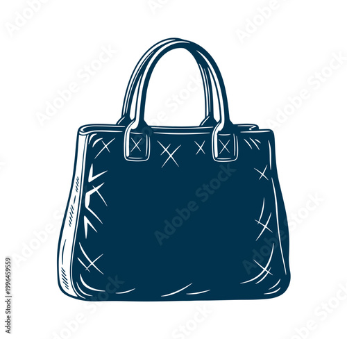 dark blue handbag with white stitching isolated on white background