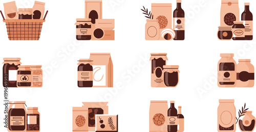 Zero Waste Food Packaging Vector Set with Eco Friendly Paper Bags Glass Jars Bottles and Organic Products for Sustainable Grocery Design