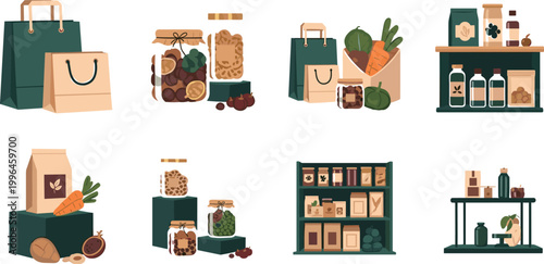 Zero Waste Grocery Store Vector Set with Eco Friendly Packaging Reusable Bags Glass Jars Organic Products and Sustainable Retail Display