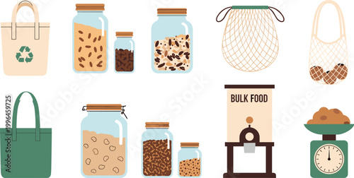 Zero Waste Bulk Food Vector Set with Glass Jars Reusable Bags Grocery Containers and Eco Friendly Shopping Elements for Sustainable Lifestyle Design