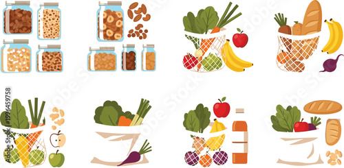 Zero Waste Grocery Vector Set with Reusable Mesh Bags Glass Jars Bulk Food and Organic Produce for Sustainable Shopping Lifestyle Design