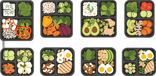 Healthy Meal Prep Lunch Box Vector Set with Balanced Diet Food Portions Vegetables Protein and Clean Eating Containers for Fitness Nutrition Design