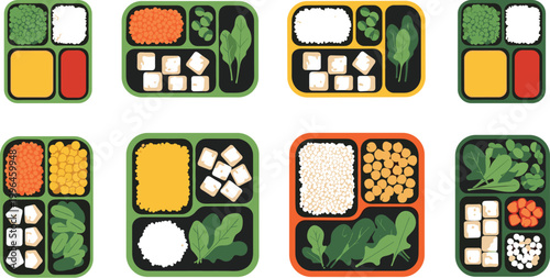 Healthy Meal Prep Bento Box Vector Set with Balanced Diet Food Portions Vegetables Rice Tofu and Plant Based Nutrition Containers