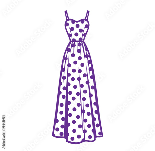 Purple polka dot dress with thin straps and sweetheart neckline  long skirt