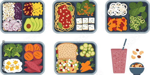 Healthy Meal Prep Lunch Box Vector Set with Balanced Diet Food Portions Vegetables Sandwich Smoothie and Clean Eating Containers