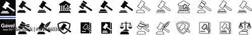 Gavel set icons. Judge gavels collection flat icon. Auction hammer icon. Gavel icon in different style. 