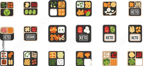 Healthy Meal Prep Bento Box Vector Set with Vegan Keto and Balanced Diet Food Portions Vegetables Protein and Nutrition Containers