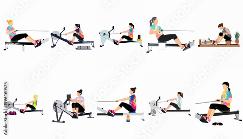 Set of Flat Vector Illustrations of Women Working Out on Indoor Rowing Machines, Fitness and Strength Training Concept