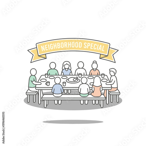 Community gathering at a table with "Neighborhood Special" banner