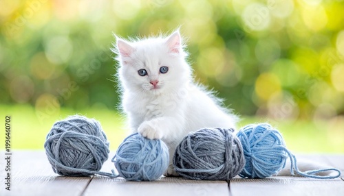 White kitten with colorful yarn balls
