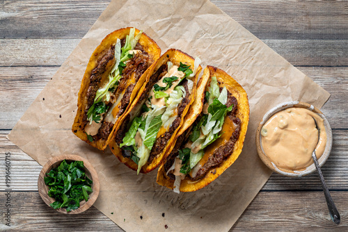 Above view three delicious smash burger tacos with burger sauce.