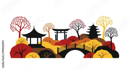 Traditional Japanese landscape with pagoda, torii gate, bridge, and colorful autumn trees.