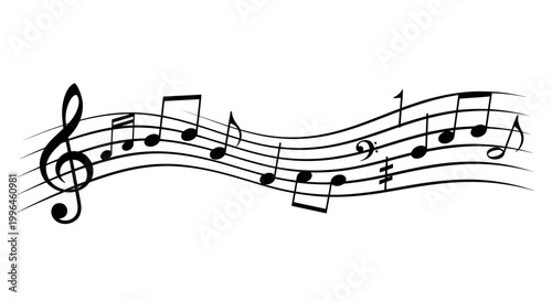 Wavy staff with black musical notes and symbols on white background
