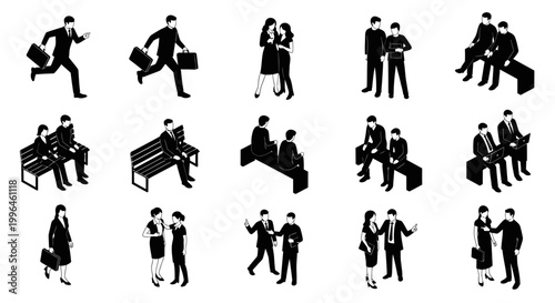 business people isometric silhouette vector set showing office workers in various daily corporate life activities.