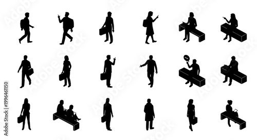 isometric black silhouettes of people in business and daily life situations