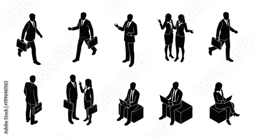 isometric business people silhouettes with briefcases and laptops in various poses