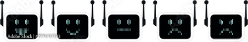 Retro Robot Face Pixel Emoji Vector Set with Digital Expressions Happy Sad Angry and Cute Tech Icons for Futuristic Design