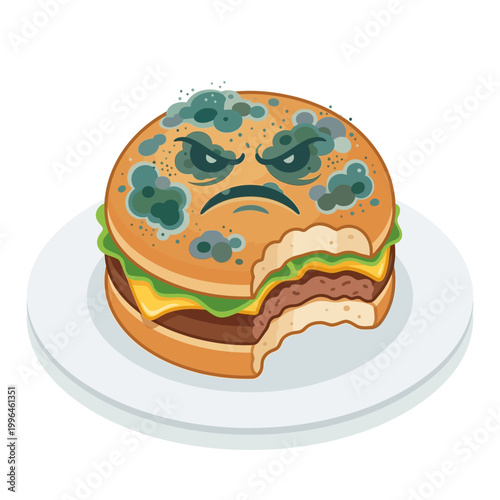 Burger with Mold Unhealthy Food Spoiled with an Angry Face