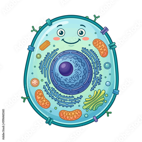 Cell Cartoon with Nucleus Illustration of Basic Biology