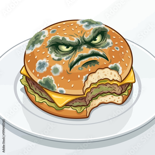 Burger Spoiled Food with Mold and an Angry Expression