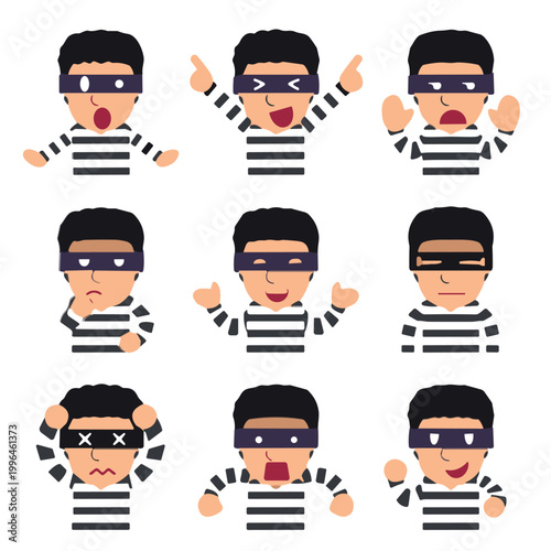 Thief Cartoon Character Vector Set with Robber Mask Striped Shirt and Funny Expressions for Crime Concept and Comic Illustration Design