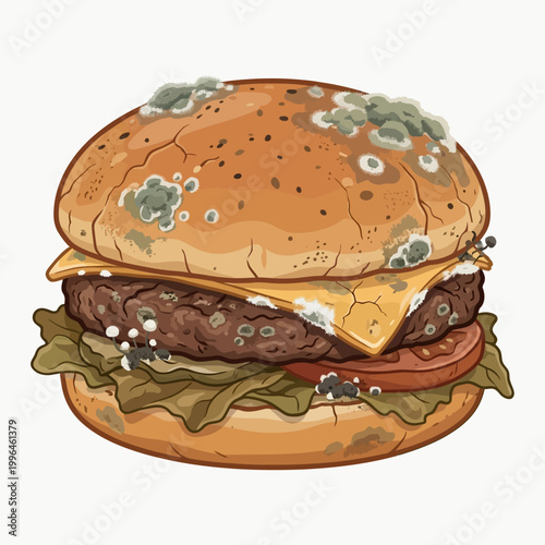Decomposing Burger Covered in Mold on a White Background