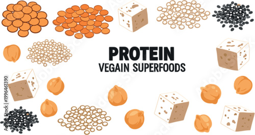 Vegan Protein Superfoods Vector Design with Beans Lentils Chickpeas Tofu and Plant Based Nutrition Elements for Healthy Diet Illustration