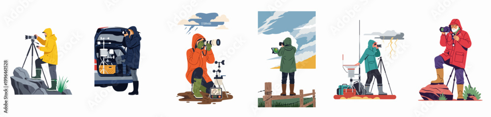 Naklejka premium Set of illustrations depicting storm chasers and weather photographers using specialized equipment and cameras to capture extreme weather phenomena in different outdoor environments.