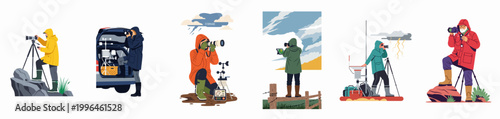 Canvas Print Set of illustrations depicting storm chasers and weather photographers using specialized equipment and cameras to capture extreme weather phenomena in different outdoor environments