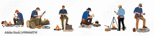 Φωτογραφία Collection of illustrations depicting men performing bushcraft activities such as wood carving, campfire cooking, and outdoor survival skills against a white background