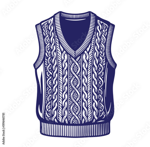 blue sleeveless knitwear with white cable pattern isolated on transparent background