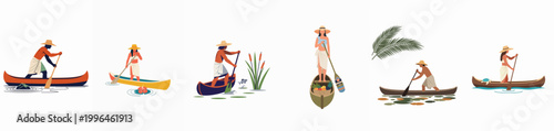 Photography Minimalist Flat Illustration Set of Indigenous People Paddling Canoes and Boatin