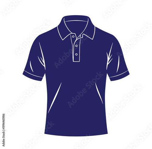 dark blue polo shirt with white outline and three buttons on front
