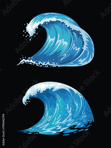 Photography Blue Ocean Waves Vector Illustration Set on Black Background