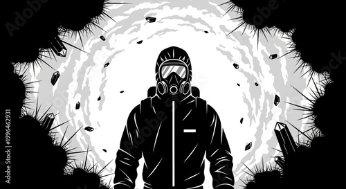 hazmat suit person explores a dangerous environment in a swirling void with floating crystals representing an unknown threat and protection.